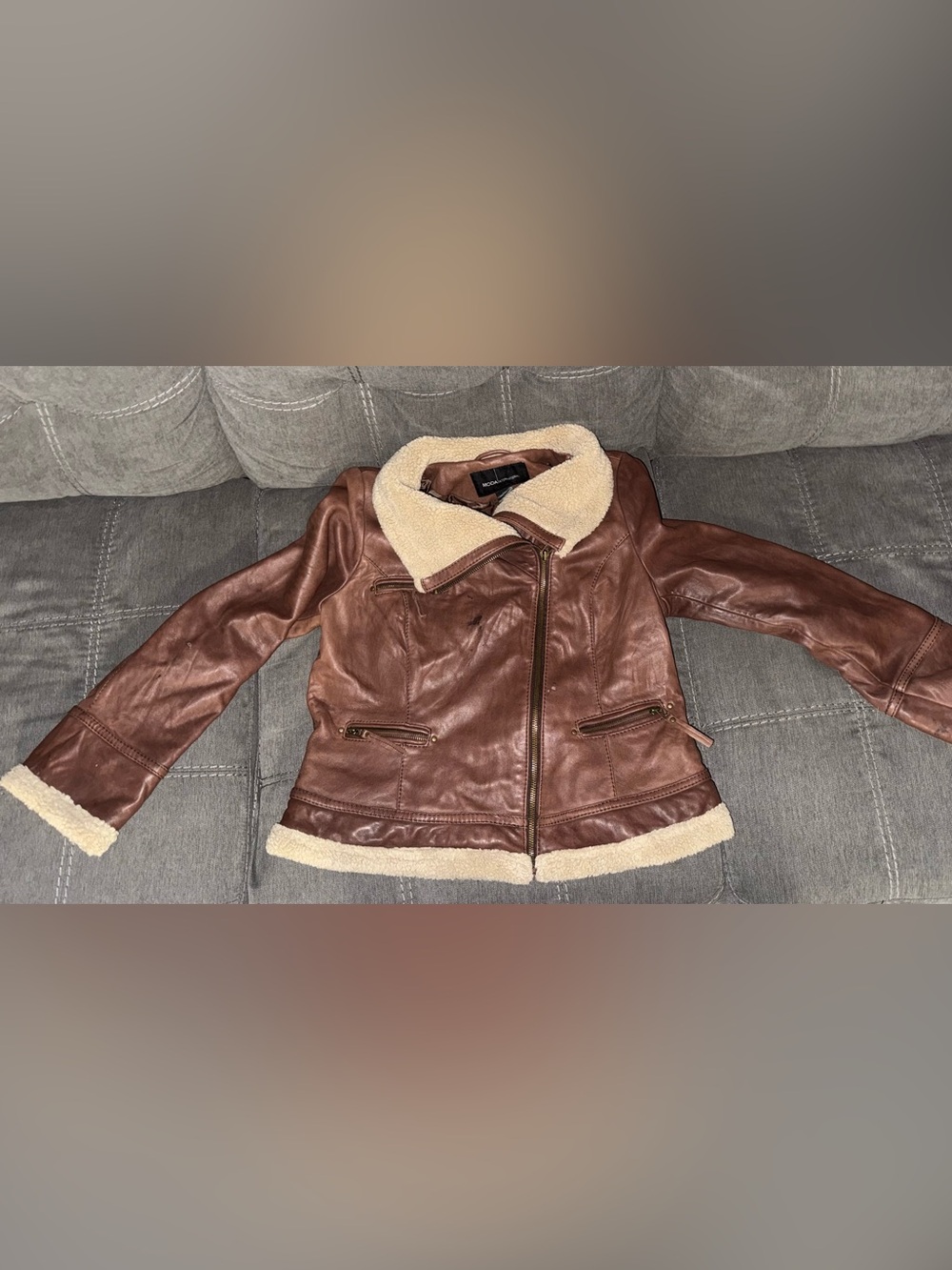 Moda International Brown Faux Leather Jacket with Cream Sherpa Trim Y2K